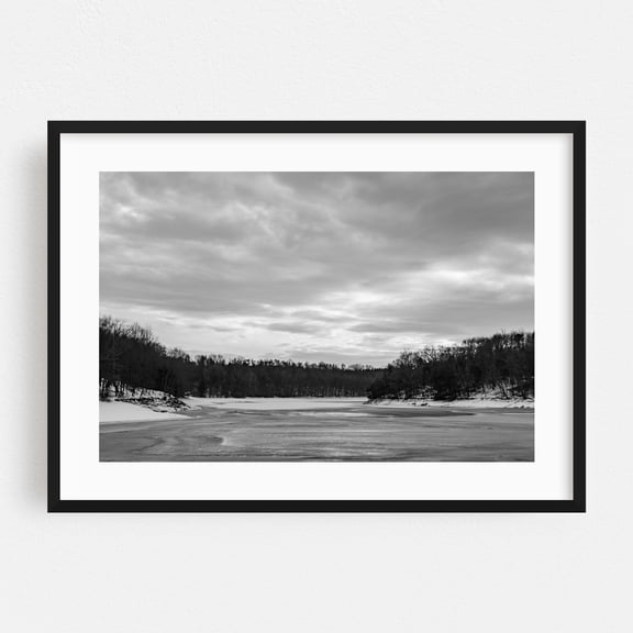 Monochrome Sunset over Lake Marburg - Hanover Pennsylvania Photography Black and White Winter Landscape Snow Lake Nature Scenic Black Framed Wall Art Print 20 x 30 inches