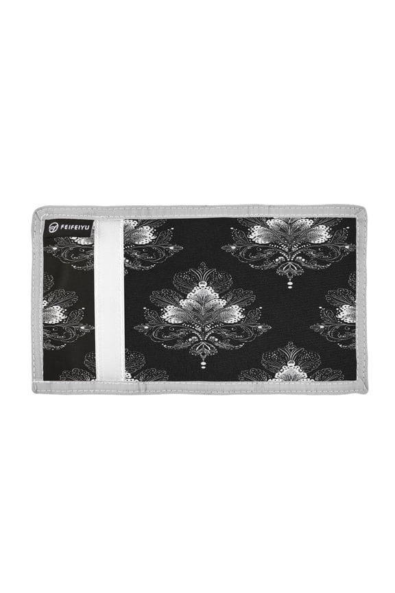 Monochrome Symmetrical Flower Pattern Trifold Wallets Card Holders Coin Pockets with Lanyards Portable Unisex