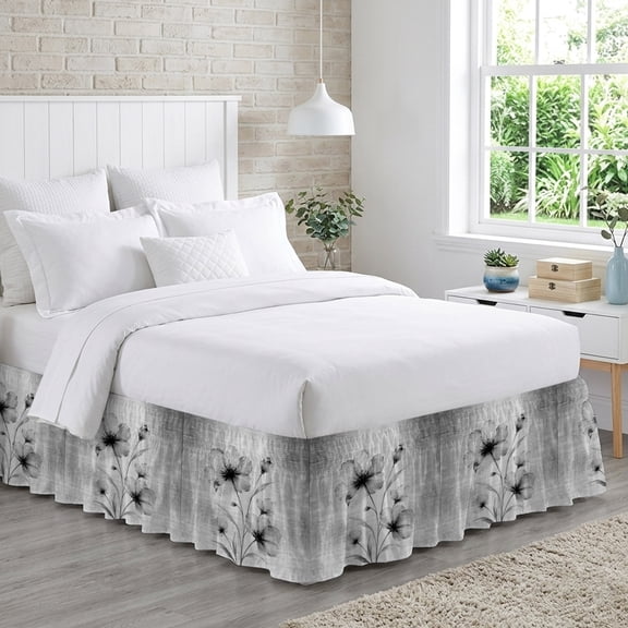 Monochrome Translucent Floral Bed Skirt Queen Size 16 Inch Drop, Minimalist Gray Flower Adjustable Elastic Dust Ruffles Bedskirt for Queen Bed Wrap Around Pleated Mattress Frame Cover