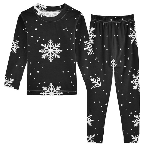 Monochrome White Snowflakes Dots Cotton Pajama Set Long Sleeve Top and Pants Sleepwear Unisex 3T