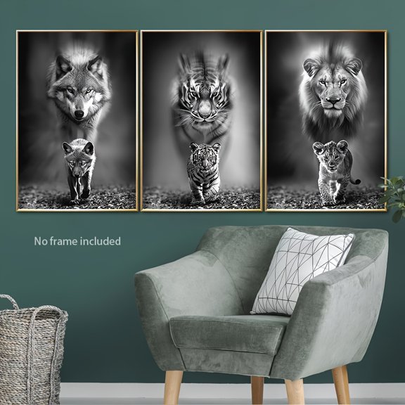 Monochrome Wildlife Art Set - 3pcs Traditional Black and White Canvas Wall Art - 15.75x23.62in Frameless Prints for Home, Office, Living Room, Bedroom Decor
