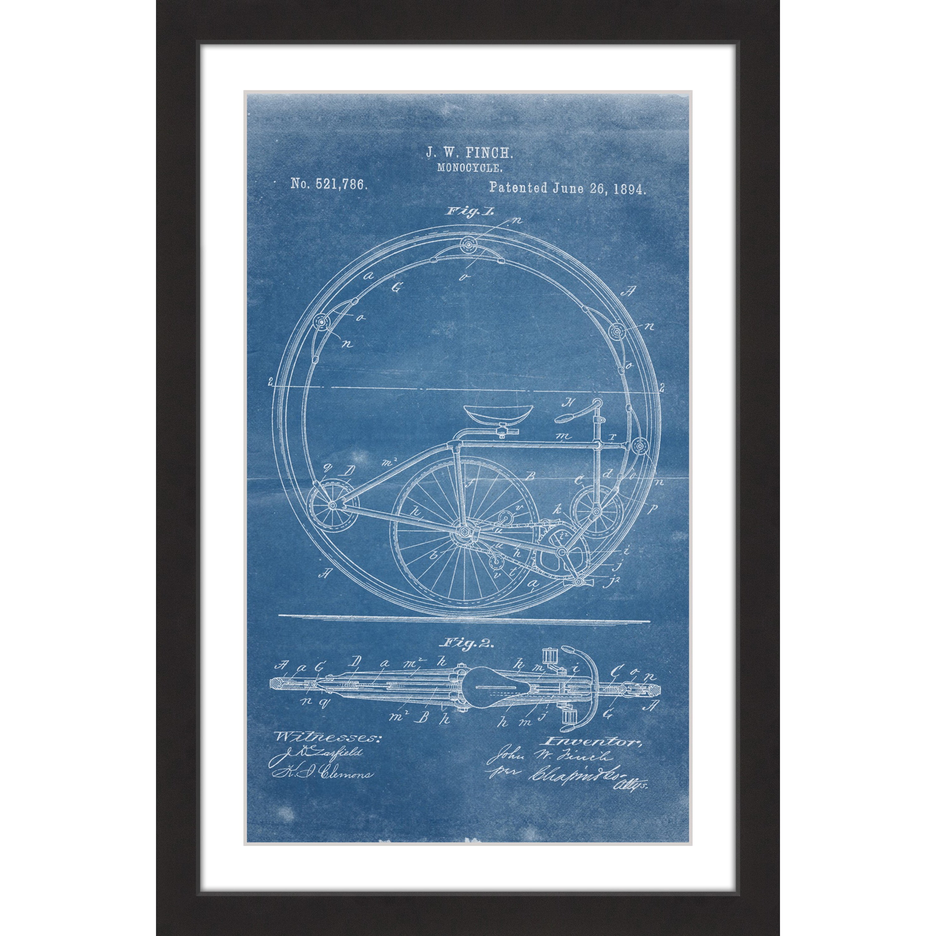 "Monocycle 1894 Blueprint" Framed Painting Art Print, 30" x 1.5"