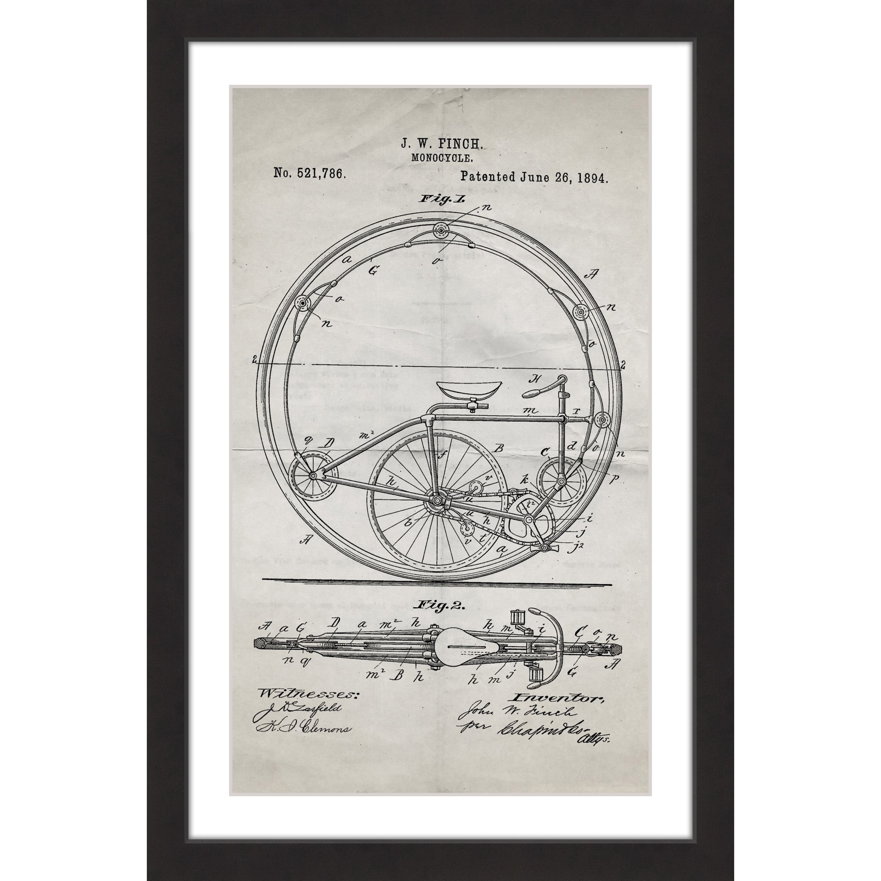 "Monocycle 1894 Old Paper" Framed Painting Print