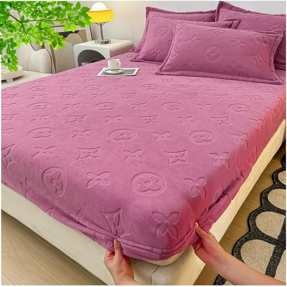 Monofloral Milk Velvet Fitted Sheet, Cozy Thickened Milk Velvet Bedsheet Queen Set, Soft Breathable Slip-Resistant, Includes Mattress Cover and Pillowcase