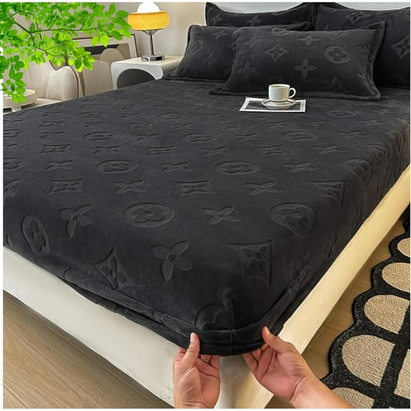 Monofloral Milk Velvet Fitted Sheet, Cozy Thickened Milk Velvet Bedsheet Queen Set, Soft Breathable Slip-Resistant, Includes Mattress Cover and Pillowcase