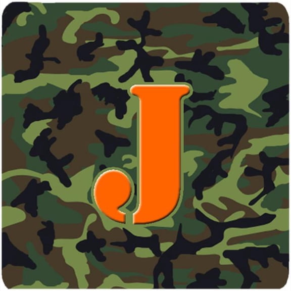 Monogram - Camo Green Foam Coasters, Initial Letter J - Set 4, 3.5 x 3.5 In.