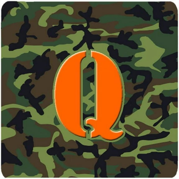 Monogram - Camo Green Foam Coasters, Initial Letter Q - Set 4, 3.5 x 3.5 In.