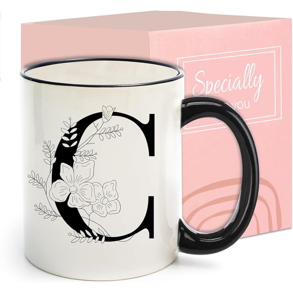 Monogram Ceramic Coffee Mugs, 11 oz Initial Drinking Cup with Gift Box, Unique Birthday Valentines Day Gifts for Women Wife Mothers Day Grandma Mom Aunt, C