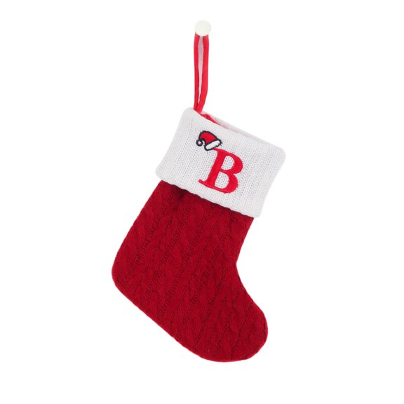Monogram Christmas Stocking 7 Inch with Letter B, Embroidered Knit Red-White Xmas Stocking, Personalized Holiday Decor for Family Fireplace & Christmas Tree