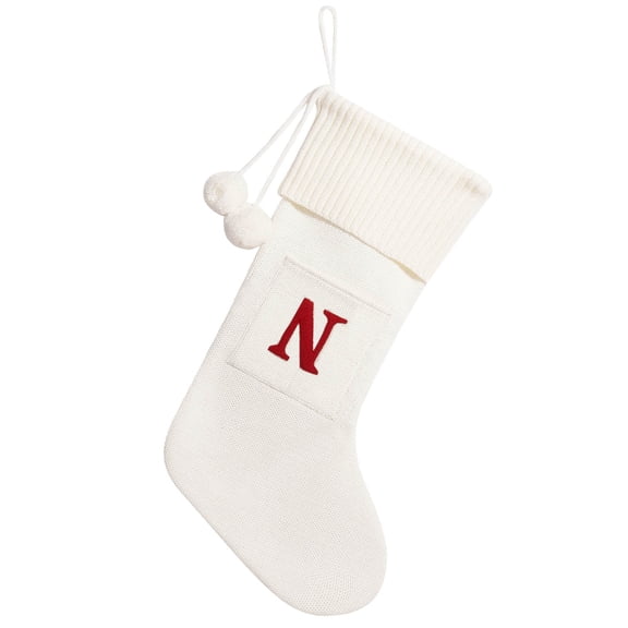 Monogram Christmas Stockings with Letters, Super Soft Christmas Stockings Embroidered Letter Knit Red White Stocking for Christmas Tree Holiday Fireplace Xmas Gift(N)