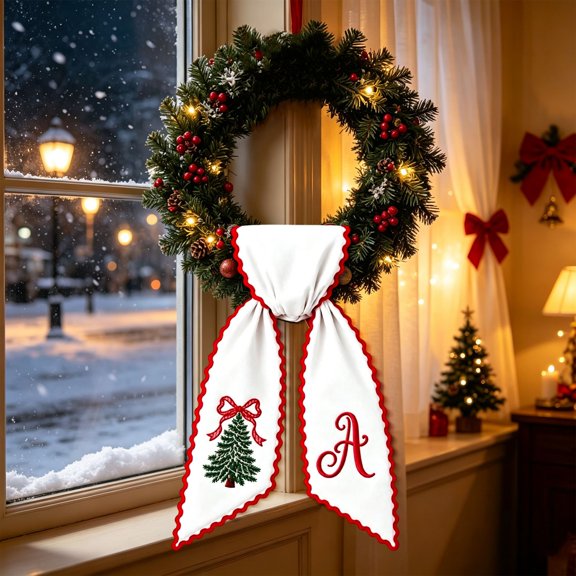 Monogram Christmas Wreath Sash Embroidered Christmas Tree Wreath Ribbon for Front Door Holiday Home Decor