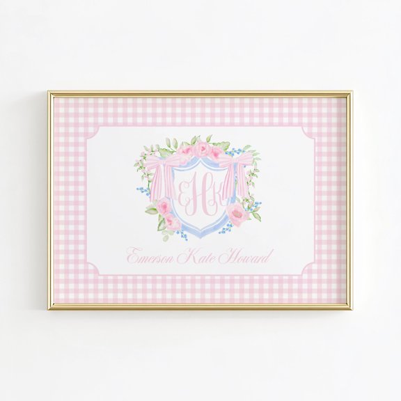Monogram Crest Grandmillennial Bow Gingham Name Above Crib Nursery Poster , Poster Print Only