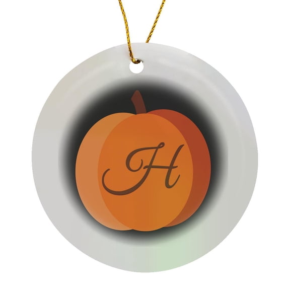 3drose, Monogram Cursive H Inside an Orange Pumpkin on a Black Background., Circle Porcelain Ornament