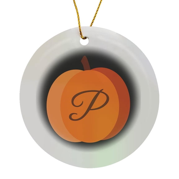 3drose, Monogram Cursive P Inside an Orange Pumpkin on a Black Background., Circle Porcelain Ornament