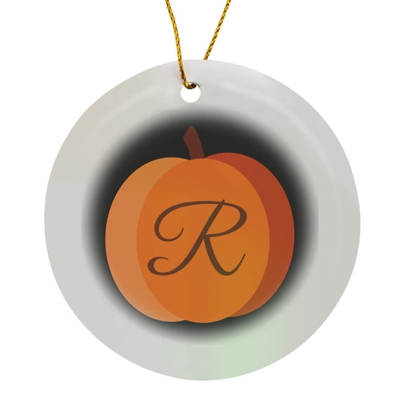 3drose, Monogram Cursive R Inside an Orange Pumpkin on a Black Background., Circle Porcelain Ornament