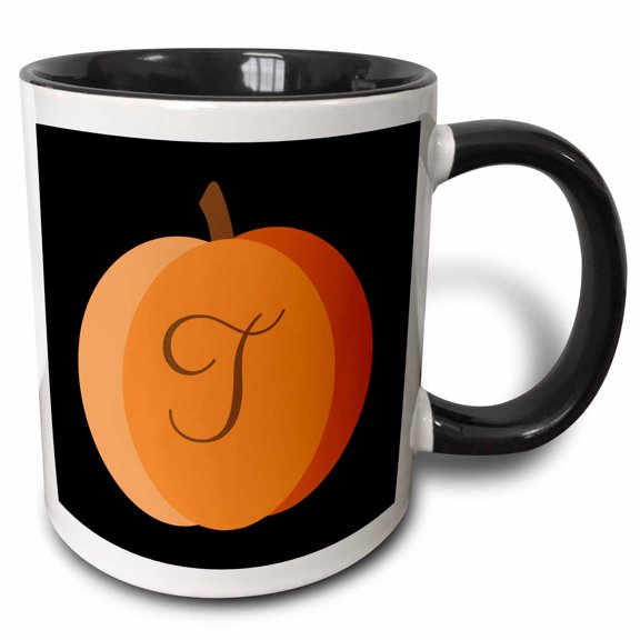 3drose, Monogram Cursive T Inside an Orange Pumpkin on a Black Background., 11oz Two-tone Black Mug