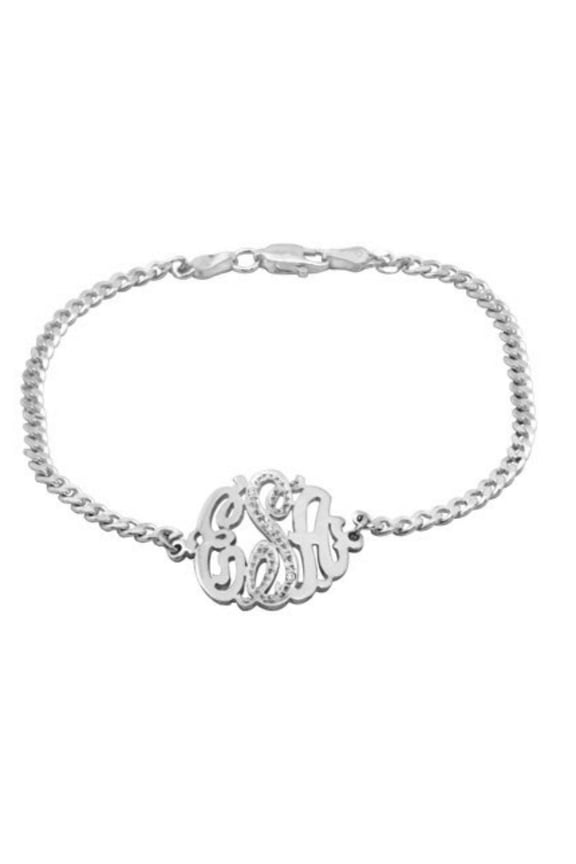 Monogram Diamond Bracelet Personalized 20mm Sterling Silver or Yellow Gold Plated Silver