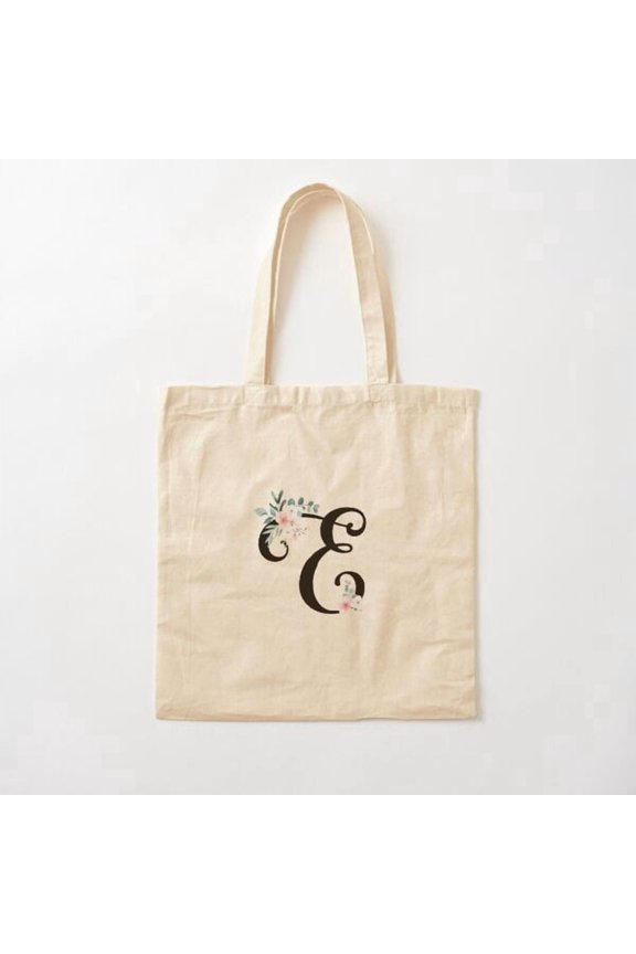Monogram E With Botanical Flowers Canvas Tote Bags, Reusable Shopping Bag