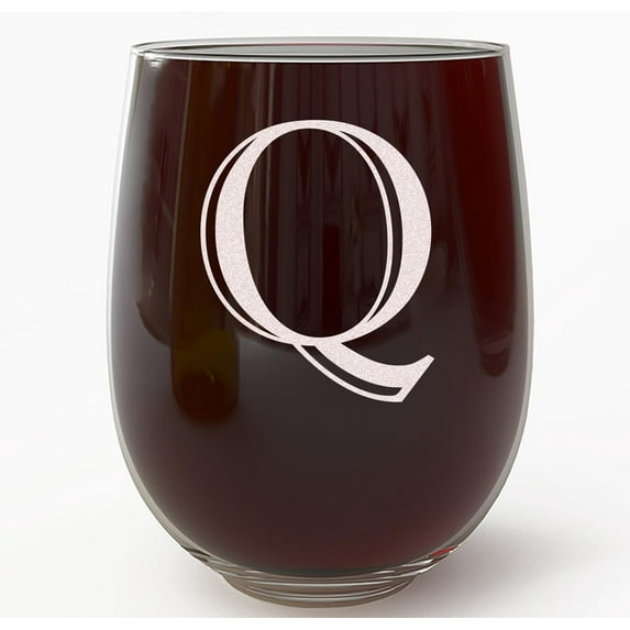 Monogram Etched 17oz Stemless Wine Glass (Letter Q) A-Z Personalized gifts for Women, Custom wine glasses, Monogrammed Birthday gift for Her Initial