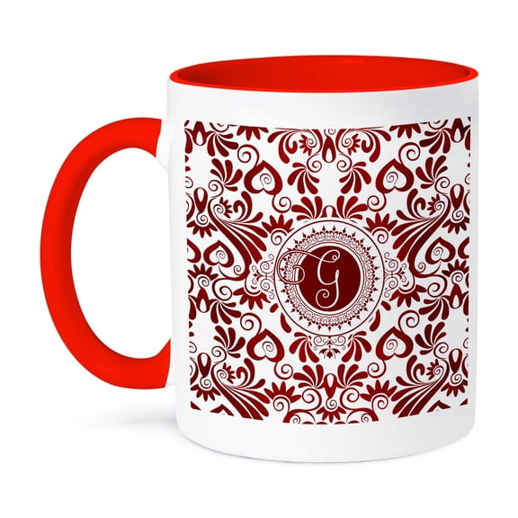 3dRose, Monogram G in Vivid Rich Red and White Swirl Hues, 15oz Two-Tone Red Mug