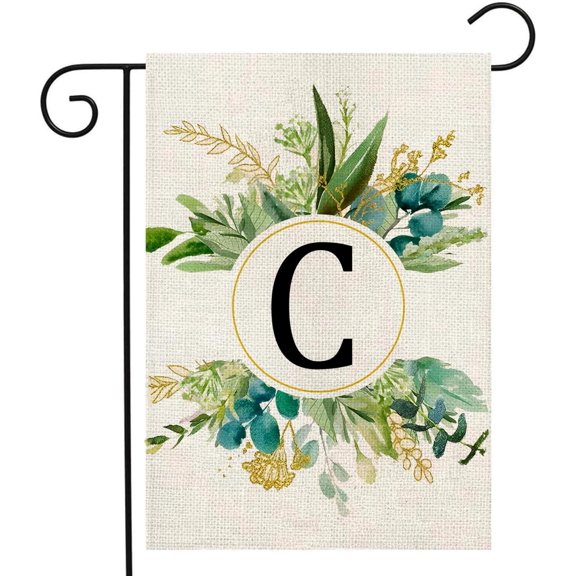 Monogram Garden Flag, Letter C Initial, 12 x 18 Inch Double Sided Floral Burlap Flag for Outdoor Yard and Garden Decor
