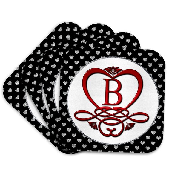 3drose, Monogram Initial B Red Heart Flourish, Set of 4 Coasters - Soft