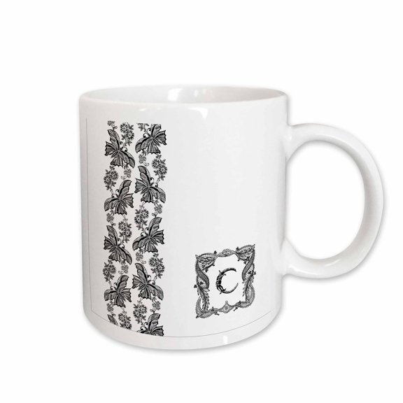 3drose, Monogram Initial C in Black Lace with Butterfly Detail, 15oz Mug