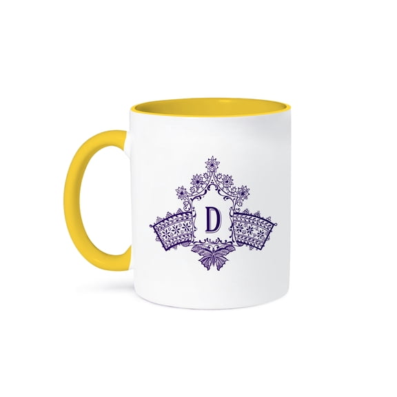 Monogram Initial D In Purple Diadem With Butterfly Detail, 11oz Two-Tone Yellow Mug