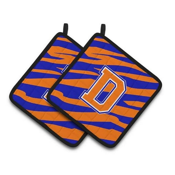 Monogram Initial D Tiger Stripe - Blue Orange Pair of Pot Holders - 7.5 x 3 x 7.5 in.