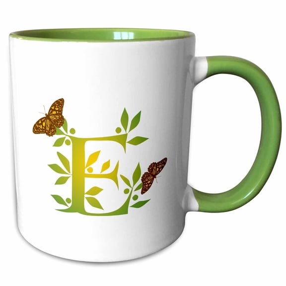 3drose, Monogram Initial E in Leafy Green and Yellow with Butterflies, 11oz Two-tone Green Mug