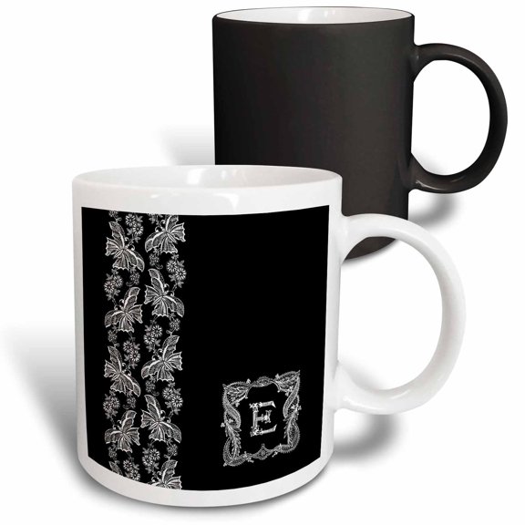 3drose, Monogram Initial E in White Lace Over Black Background, 11oz Magic Transforming Mug