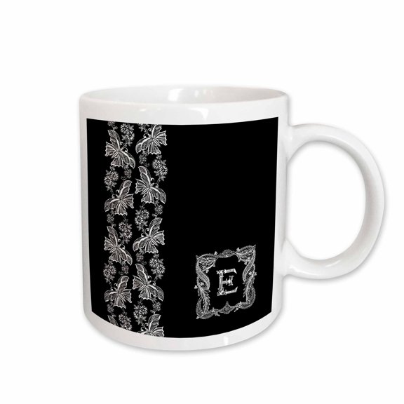 3drose, Monogram Initial E in White Lace Over Black Background, 11oz Mug
