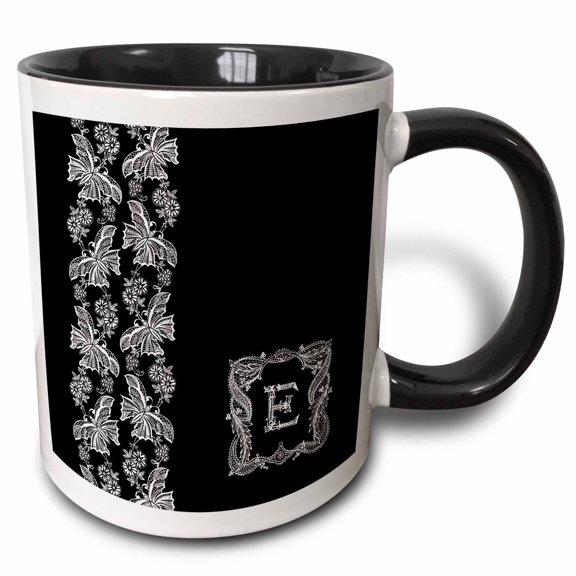 3drose, Monogram Initial E in White Lace Over Black Background, 11oz Two-tone Black Mug