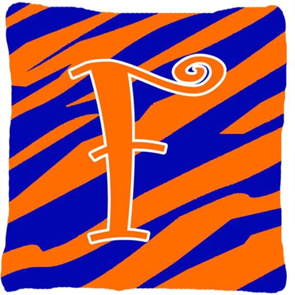 Monogram Initial F Tiger Stripe Blue and Orange Fabric Decorative Pillow