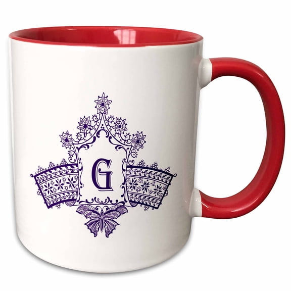 3drose, Monogram Initial G in Purple Diadem with Butterfly Detail, 11oz Two-tone Red Mug