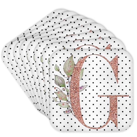 3drose, Monogram Initial G Pink Rose Floral on Black and White Polka Dots, Set of 8 Coasters - Soft