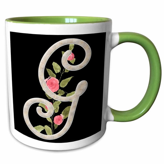 3drose, Monogram Initial G with Pretty Pink Flowers, 15oz Two-tone Green Mug