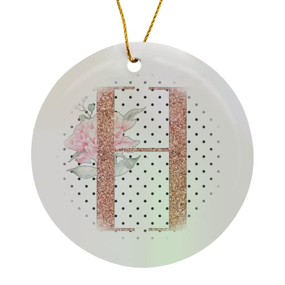 3drose, Monogram Initial H Pink Rose Floral on Black and White Polka Dots, Circle Porcelain Ornament