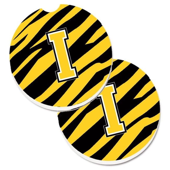 Monogram Initial I Tiger Stripe Black & Gold Set of 2 Cup Holder Car Coaster