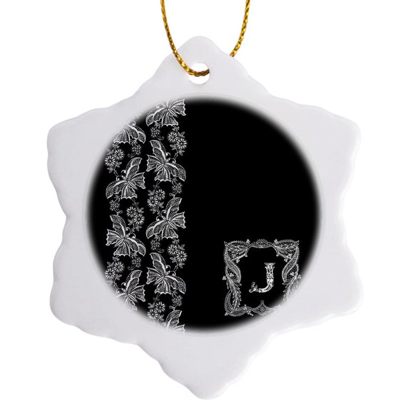 3drose, Monogram Initial J in White Lace over Black Background, 3 inch Snowflake Porcelain Ornament