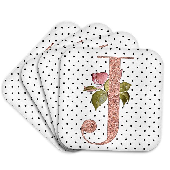 3drose, Monogram Initial J Pink Rose Floral on Black and White Polka Dots, Set of 4 Coasters - Soft