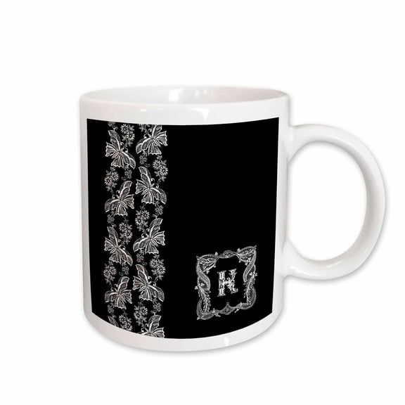 3drose, Monogram Initial K in White Lace Over Black Background, 11oz Mug