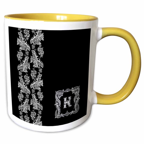 3drose, Monogram Initial K in White Lace Over Black Background, 11oz Two-tone Yellow Mug