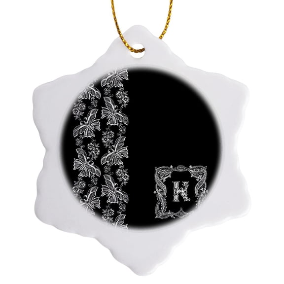 3drose, Monogram Initial K in White Lace over Black Background, 3 inch Snowflake Porcelain Ornament