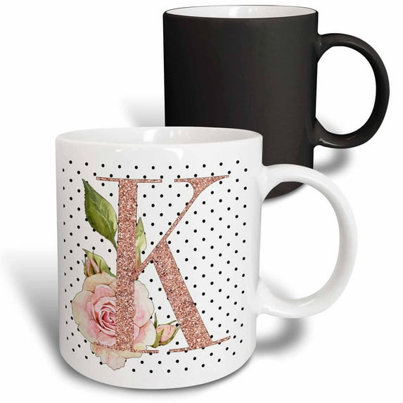 3drose, Monogram Initial K Pink Rose Floral on Black and White Polka Dots, 11oz Magic Transforming Mug