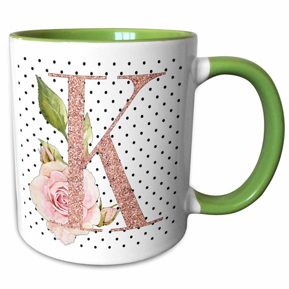 3drose, Monogram Initial K Pink Rose Floral on Black and White Polka Dots, 11oz Two-tone Green Mug