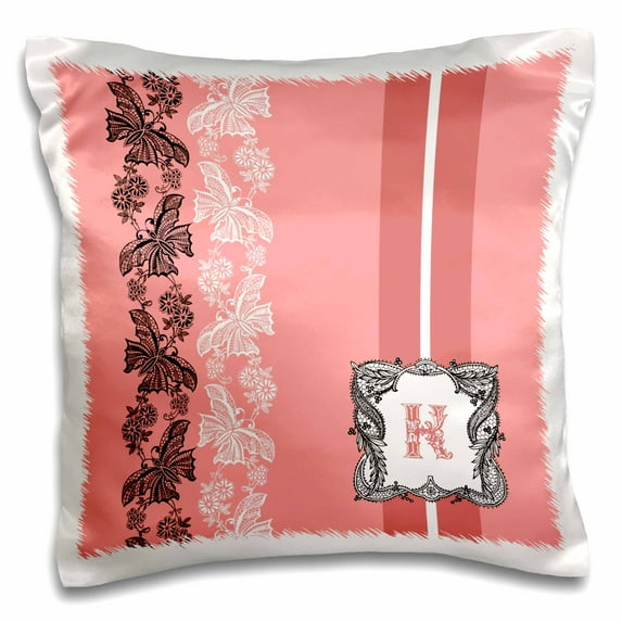3dRose, Monogram Initial K in Pink White and Black, 16x16 inch Pillow Case