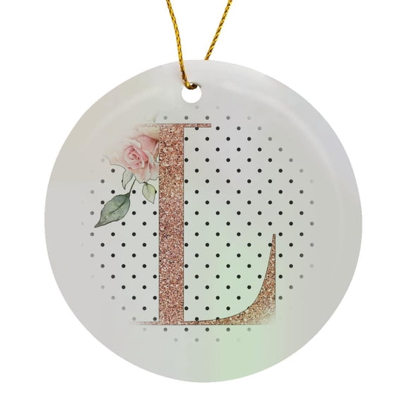 3drose, Monogram Initial L Pink Rose Floral on Black and White Polka Dots, Circle Porcelain Ornament