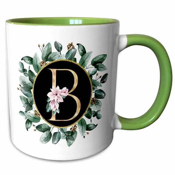 Monogram Initial Letter B Image Of Gold Magnolia Floral Leaves Circle 15oz Two-Tone Green Mug mug-338816-12