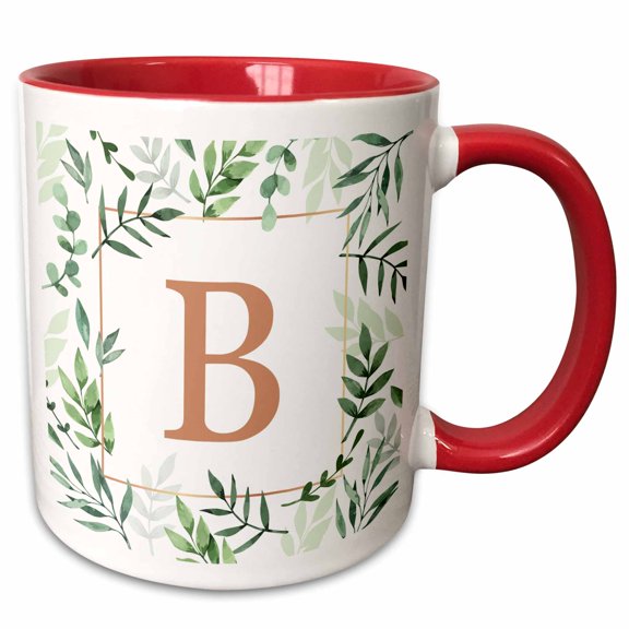 3drose, Monogram Initial Letter B in Gold Framed in Leaves and a Gold Square., 11oz Two-tone Red Mug